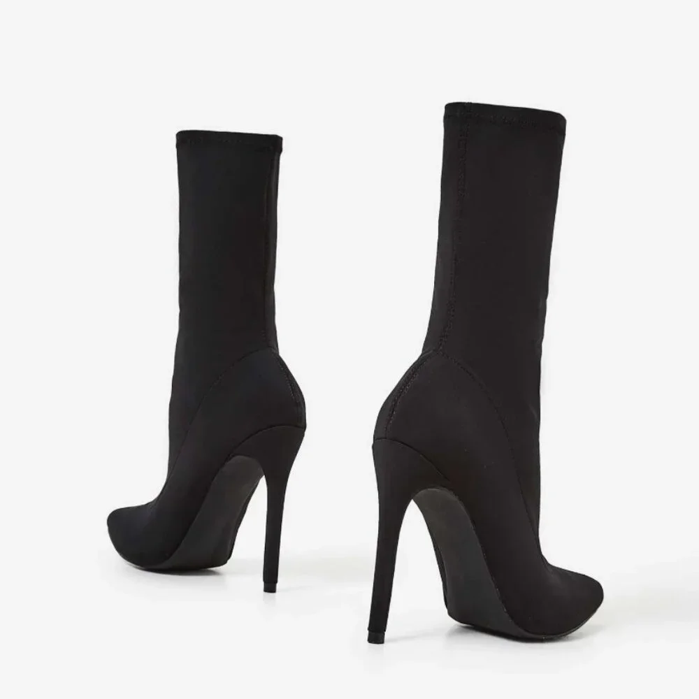 NWOB - EGO Fiona Pointed Toe Stiletto Ankle Boots in Black Lycra – Size 11US/9UK - Picture 3 of 12